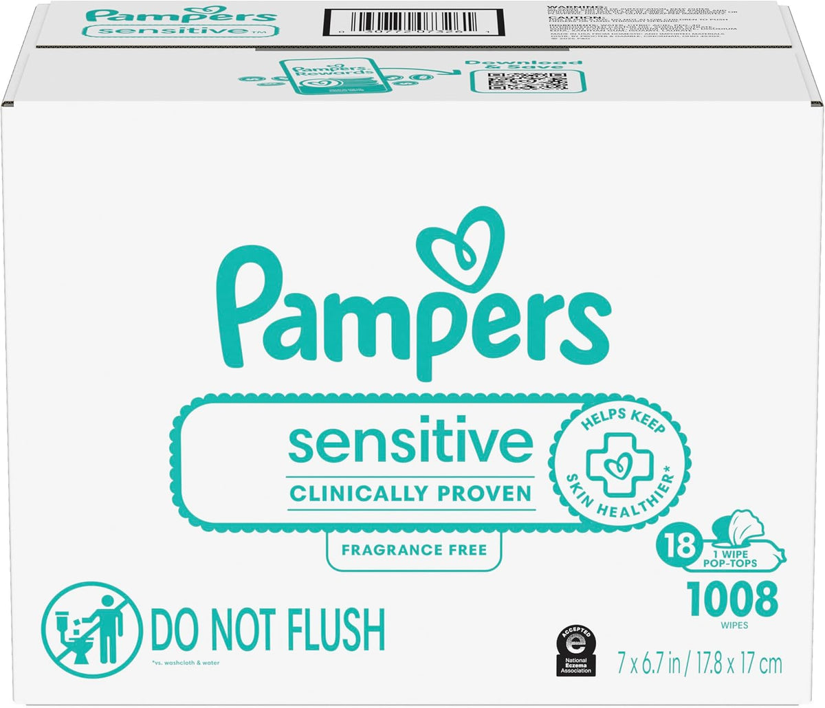 Pampers Sensitive Baby Wipes, Clinically Proven, Fragrance Free, Unscented, Water Based, Hypoallergenic, Multi-Use,