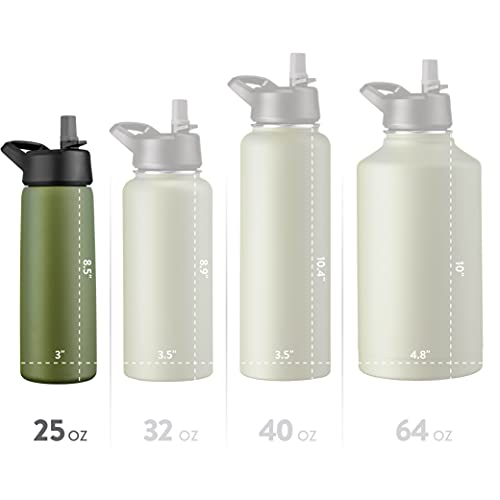 FineDine Water Bottle - Stainless Steel Insulated Water Bottle with Straw Lid, Flip Lid & Wide-Mouth Cap - Keeps Hot and Cold - 25 Oz / 739ml - Army Green