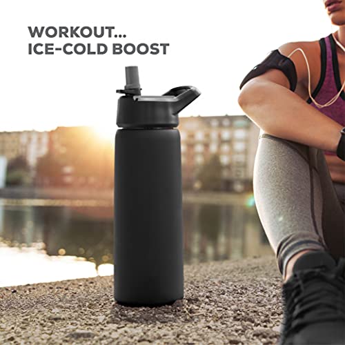 FineDine Water Bottle - Stainless Steel Insulated Water Bottle with Straw Lid, Flip Lid & Wide-Mouth Cap - Keeps Hot and Cold - 25 Oz / 739ml - Army Green
