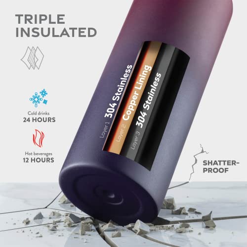 FineDine Water Bottle - Stainless Steel Insulated Water Bottle with Straw Lid, Flip Lid & Wide-Mouth Cap - Keeps Hot and Cold - 25 Oz / 739ml - Army Green