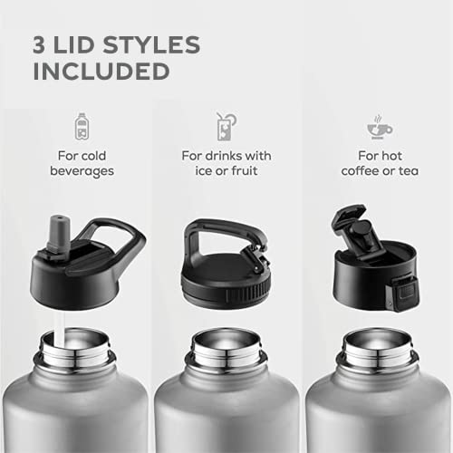 FineDine Water Bottle - Stainless Steel Insulated Water Bottle with Straw Lid, Flip Lid & Wide-Mouth Cap - Keeps Hot and Cold - 25 Oz / 739ml - Army Green