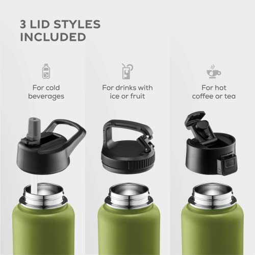 FineDine Water Bottle - Stainless Steel Insulated Water Bottle with Straw Lid, Flip Lid & Wide-Mouth Cap - Keeps Hot and Cold - 25 Oz / 739ml - Army Green