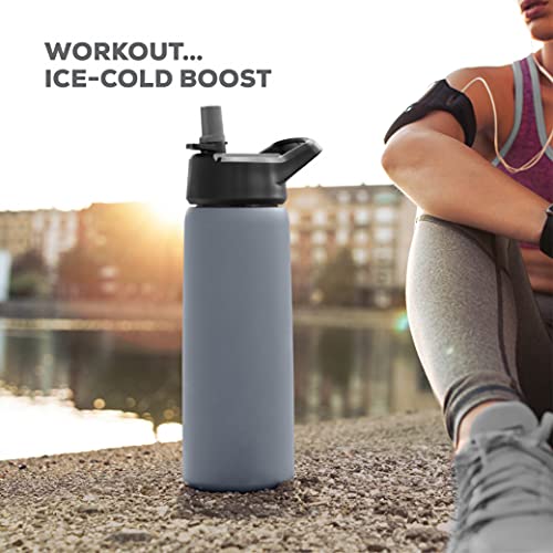 FineDine Water Bottle - Stainless Steel Insulated Water Bottle with Straw Lid, Flip Lid & Wide-Mouth Cap - Keeps Hot and Cold - 25 Oz / 739ml - Army Green