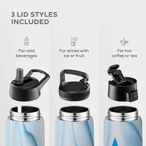 FineDine Water Bottle - Stainless Steel Insulated Water Bottle with Straw Lid, Flip Lid & Wide-Mouth Cap - Keeps Hot and Cold - 25 Oz / 739ml - Army Green