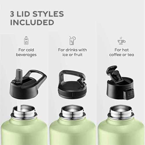 FineDine Water Bottle - Stainless Steel Insulated Water Bottle with Straw Lid, Flip Lid & Wide-Mouth Cap - Keeps Hot and Cold - 25 Oz / 739ml - Army Green