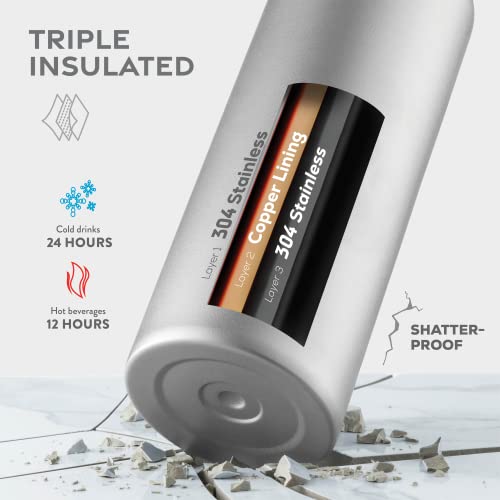 FineDine Water Bottle - Stainless Steel Insulated Water Bottle with Straw Lid, Flip Lid & Wide-Mouth Cap - Keeps Hot and Cold - 25 Oz / 739ml - Army Green