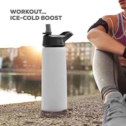 FineDine Water Bottle - Stainless Steel Insulated Water Bottle with Straw Lid, Flip Lid & Wide-Mouth Cap - Keeps Hot and Cold - 25 Oz / 739ml - Army Green
