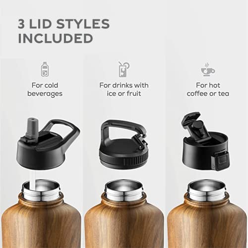 FineDine Water Bottle - Stainless Steel Insulated Water Bottle with Straw Lid, Flip Lid & Wide-Mouth Cap - Keeps Hot and Cold - 25 Oz / 739ml - Army Green