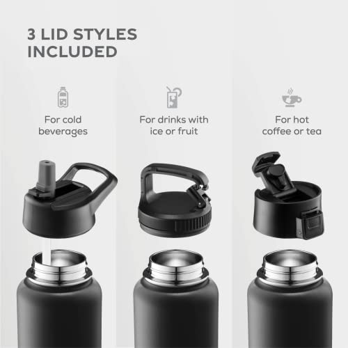 FineDine Water Bottle - Stainless Steel Insulated Water Bottle with Straw Lid, Flip Lid & Wide-Mouth Cap - Keeps Hot and Cold - 25 Oz / 739ml - Army Green