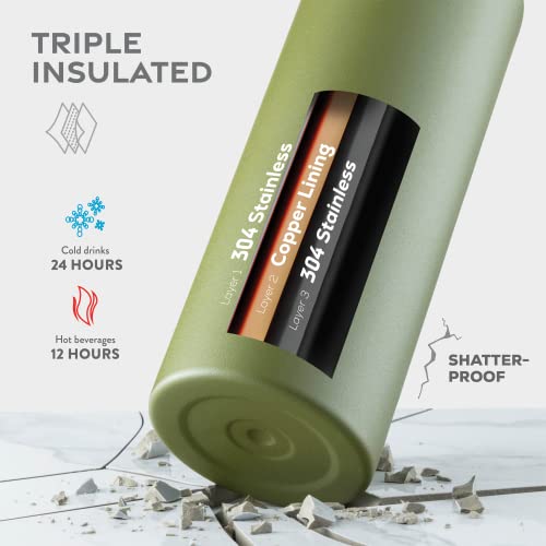 FineDine Water Bottle - Stainless Steel Insulated Water Bottle with Straw Lid, Flip Lid & Wide-Mouth Cap - Keeps Hot and Cold - 25 Oz / 739ml - Army Green