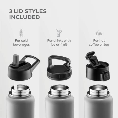 FineDine Water Bottle - Stainless Steel Insulated Water Bottle with Straw Lid, Flip Lid & Wide-Mouth Cap - Keeps Hot and Cold - 25 Oz / 739ml - Army Green