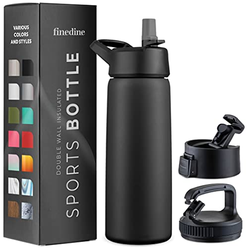 FineDine Water Bottle - Stainless Steel Insulated Water Bottle with Straw Lid, Flip Lid & Wide-Mouth Cap - Keeps Hot and Cold - 25 Oz / 739ml - Army Green