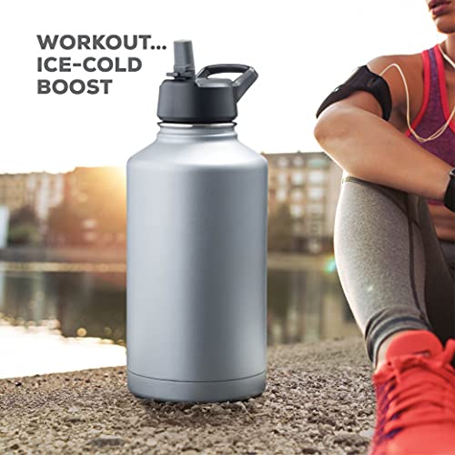 FineDine Water Bottle - Stainless Steel Insulated Water Bottle with Straw Lid, Flip Lid & Wide-Mouth Cap - Keeps Hot and Cold - 25 Oz / 739ml - Army Green