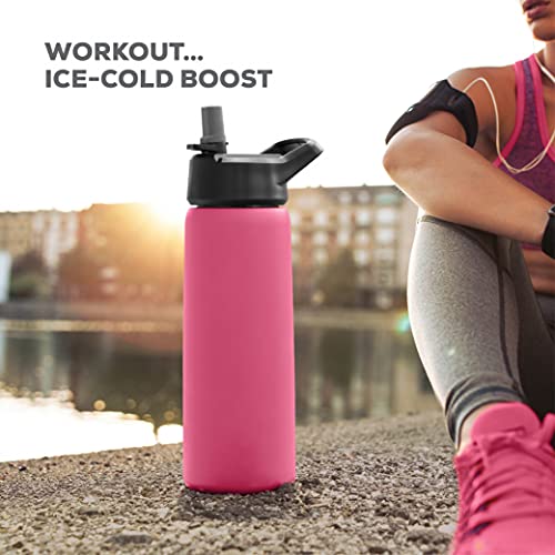 FineDine Water Bottle - Stainless Steel Insulated Water Bottle with Straw Lid, Flip Lid & Wide-Mouth Cap - Keeps Hot and Cold - 25 Oz / 739ml - Army Green