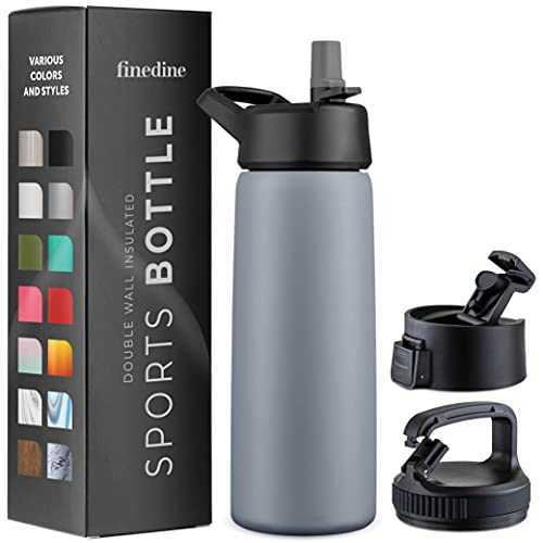 FineDine Water Bottle - Stainless Steel Insulated Water Bottle with Straw Lid, Flip Lid & Wide-Mouth Cap - Keeps Hot and Cold - 25 Oz / 739ml - Army Green