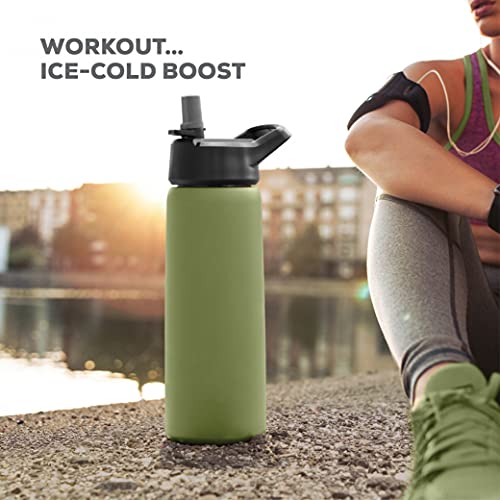 FineDine Water Bottle - Stainless Steel Insulated Water Bottle with Straw Lid, Flip Lid & Wide-Mouth Cap - Keeps Hot and Cold - 25 Oz / 739ml - Army Green