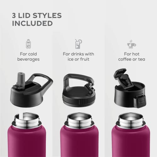 FineDine Water Bottle - Stainless Steel Insulated Water Bottle with Straw Lid, Flip Lid & Wide-Mouth Cap - Keeps Hot and Cold - 25 Oz / 739ml - Army Green