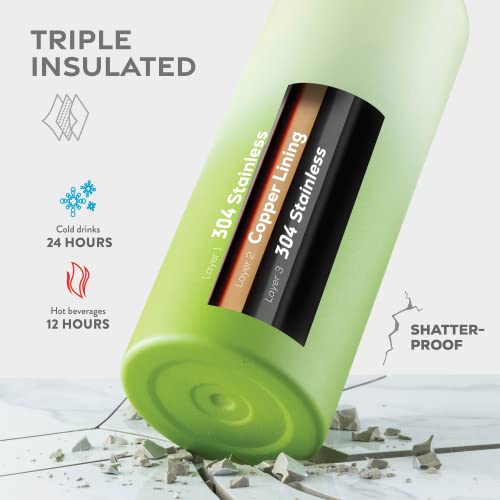 FineDine Water Bottle - Stainless Steel Insulated Water Bottle with Straw Lid, Flip Lid & Wide-Mouth Cap - Keeps Hot and Cold - 25 Oz / 739ml - Army Green