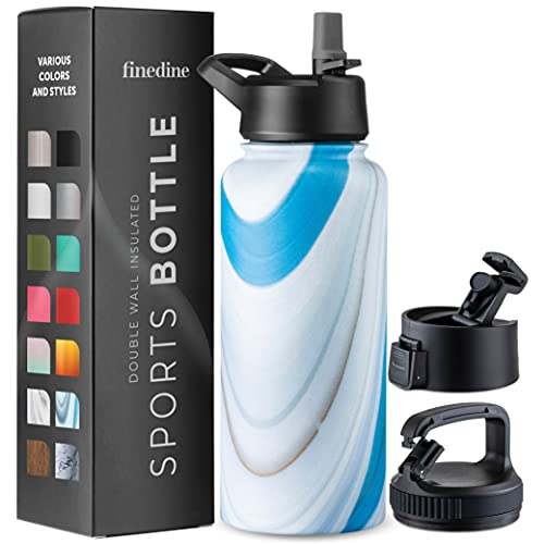 FineDine Water Bottle - Stainless Steel Insulated Water Bottle with Straw Lid, Flip Lid & Wide-Mouth Cap - Keeps Hot and Cold - 25 Oz / 739ml - Army Green