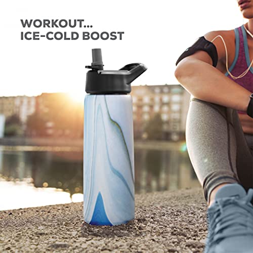FineDine Water Bottle - Stainless Steel Insulated Water Bottle with Straw Lid, Flip Lid & Wide-Mouth Cap - Keeps Hot and Cold - 25 Oz / 739ml - Army Green