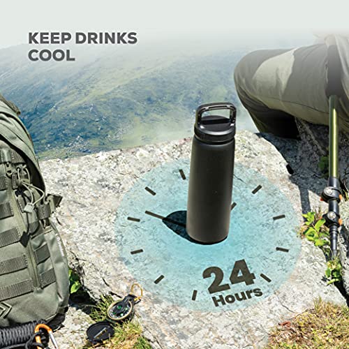 FineDine Water Bottle - Stainless Steel Insulated Water Bottle with Straw Lid, Flip Lid & Wide-Mouth Cap - Keeps Hot and Cold - 25 Oz / 739ml - Army Green