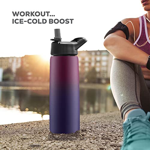 FineDine Water Bottle - Stainless Steel Insulated Water Bottle with Straw Lid, Flip Lid & Wide-Mouth Cap - Keeps Hot and Cold - 25 Oz / 739ml - Army Green