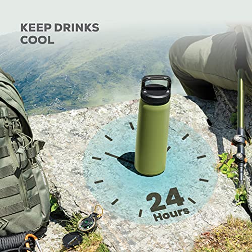 FineDine Water Bottle - Stainless Steel Insulated Water Bottle with Straw Lid, Flip Lid & Wide-Mouth Cap - Keeps Hot and Cold - 25 Oz / 739ml - Army Green