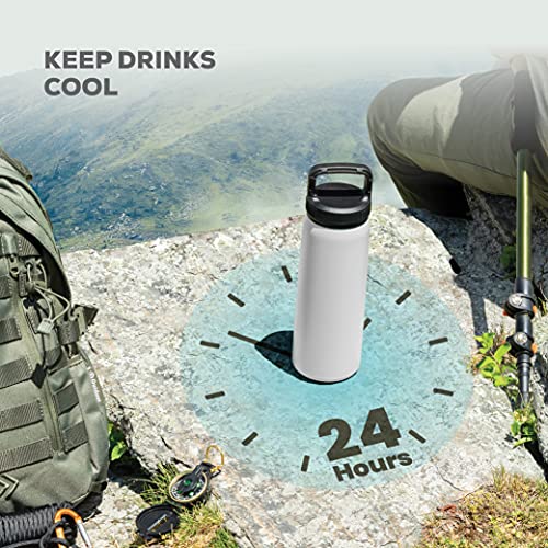 FineDine Water Bottle - Stainless Steel Insulated Water Bottle with Straw Lid, Flip Lid & Wide-Mouth Cap - Keeps Hot and Cold - 25 Oz / 739ml - Army Green