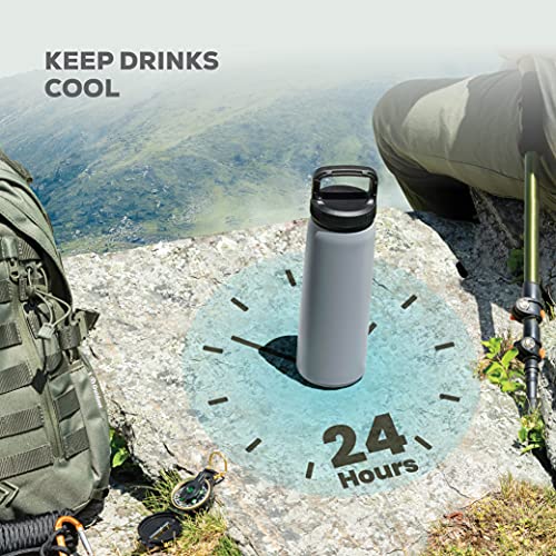 FineDine Water Bottle - Stainless Steel Insulated Water Bottle with Straw Lid, Flip Lid & Wide-Mouth Cap - Keeps Hot and Cold - 25 Oz / 739ml - Army Green