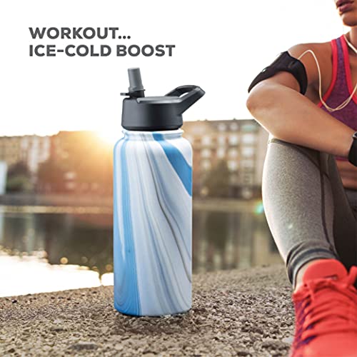 FineDine Water Bottle - Stainless Steel Insulated Water Bottle with Straw Lid, Flip Lid & Wide-Mouth Cap - Keeps Hot and Cold - 25 Oz / 739ml - Army Green