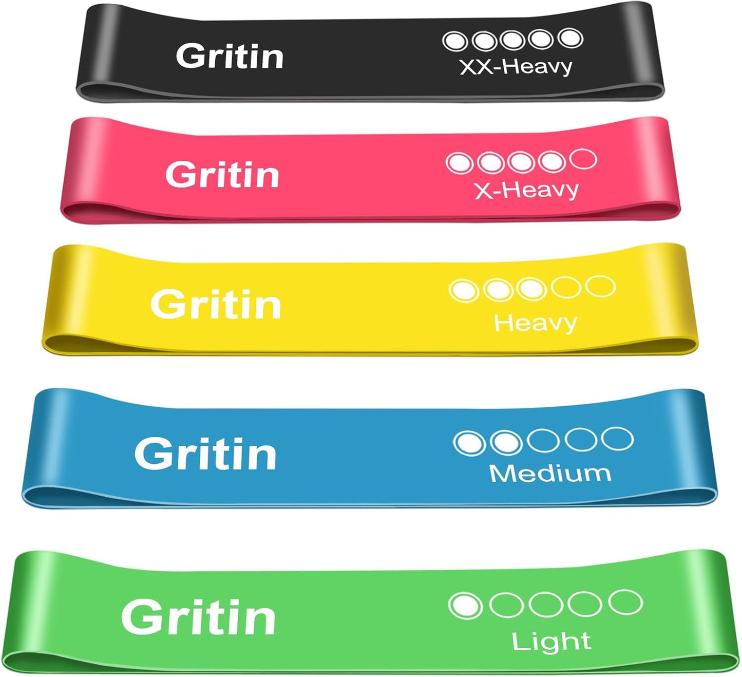 Gritin Resistance Bands, Set of 5 Skin-Friendly Resistance Exercise Band | 5 Different Strength Levels Fitness Bands - Travel Carrying Case Included - Ideal for Home, Gym, Yoga, Training