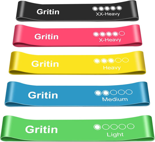 Gritin Resistance Bands, Set of 5 Skin-Friendly Resistance Exercise Band | 5 Different Strength Levels Fitness Bands - Travel Carrying Case Included - Ideal for Home, Gym, Yoga, Training