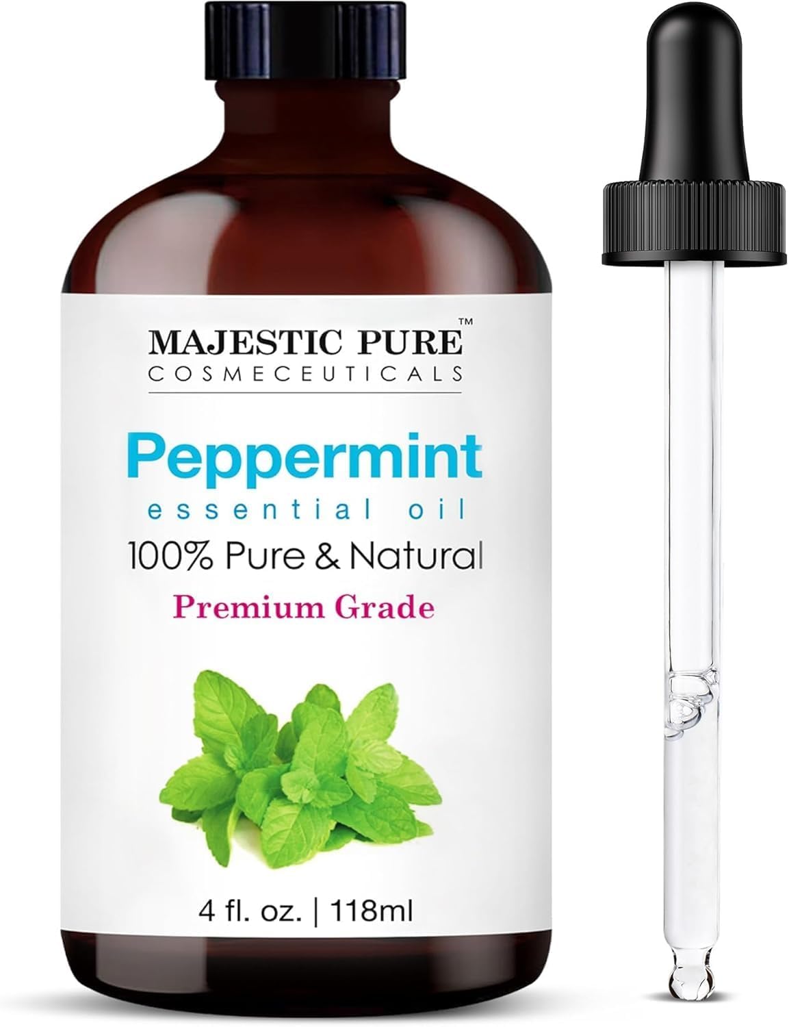 Majestic Pure Peppermint Essential Oil for Diffuser - 4 Fl Oz | 100% Natural Essentials Oils for Aromatherapy, Massage, Steam inhalation, Air Freshing, Soap and Candle Making