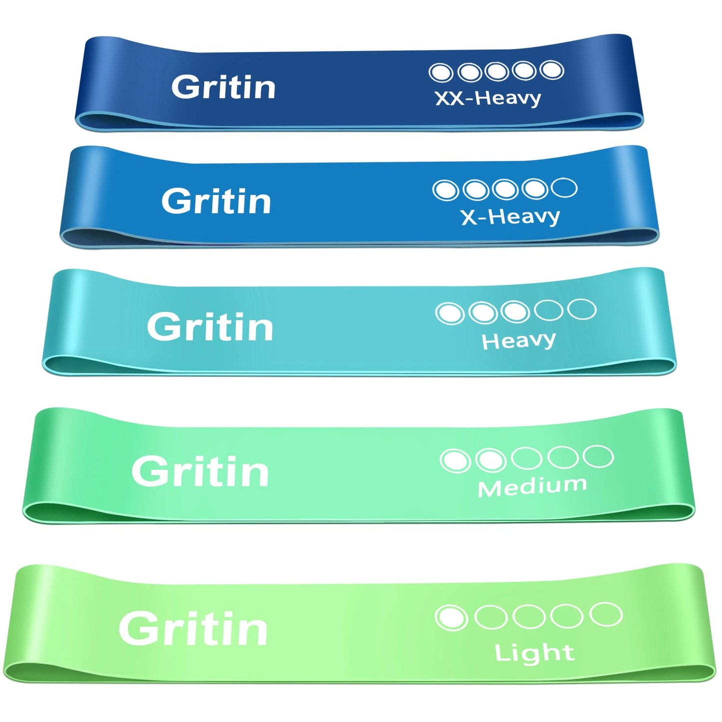 Gritin Resistance Bands, Set of 5 Skin-Friendly Resistance Exercise Band | 5 Different Strength Levels Fitness Bands - Travel Carrying Case Included - Ideal for Home, Gym, Yoga, Training