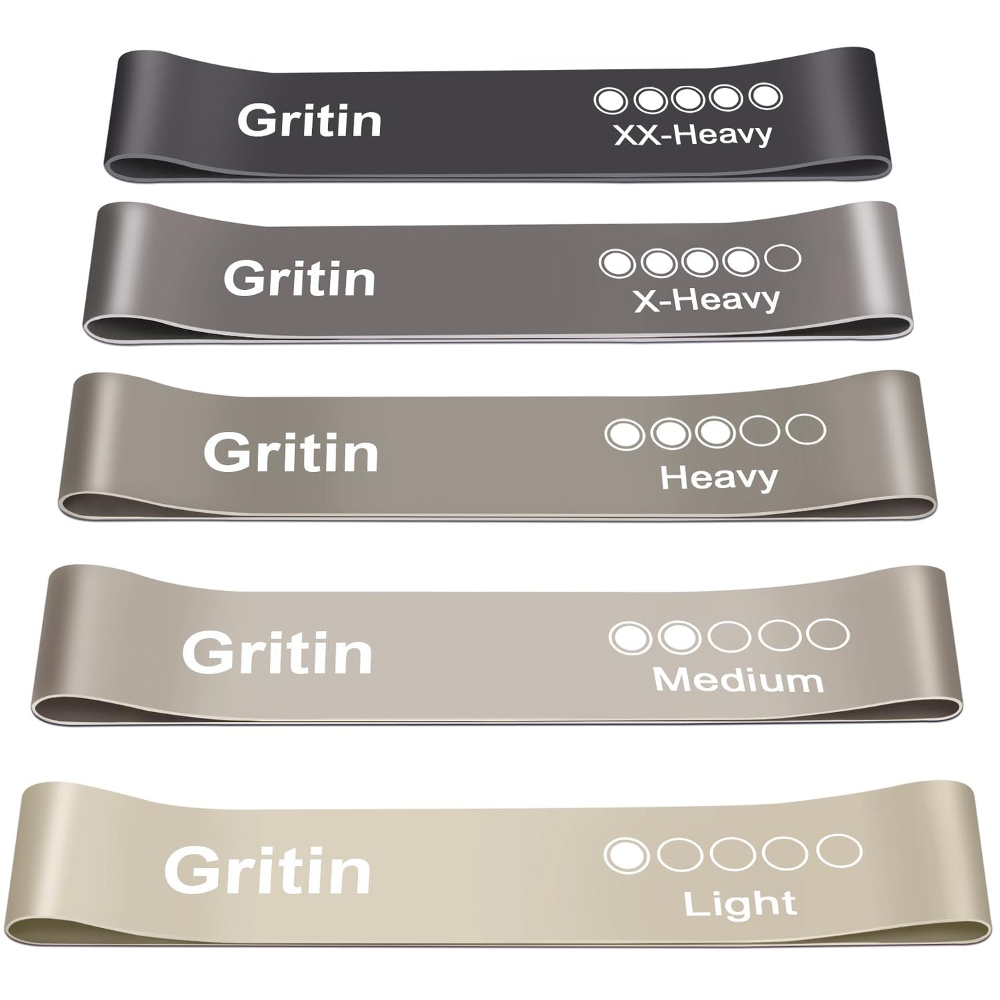 Gritin Resistance Bands, Set of 5 Skin-Friendly Resistance Exercise Band | 5 Different Strength Levels Fitness Bands - Travel Carrying Case Included - Ideal for Home, Gym, Yoga, Training
