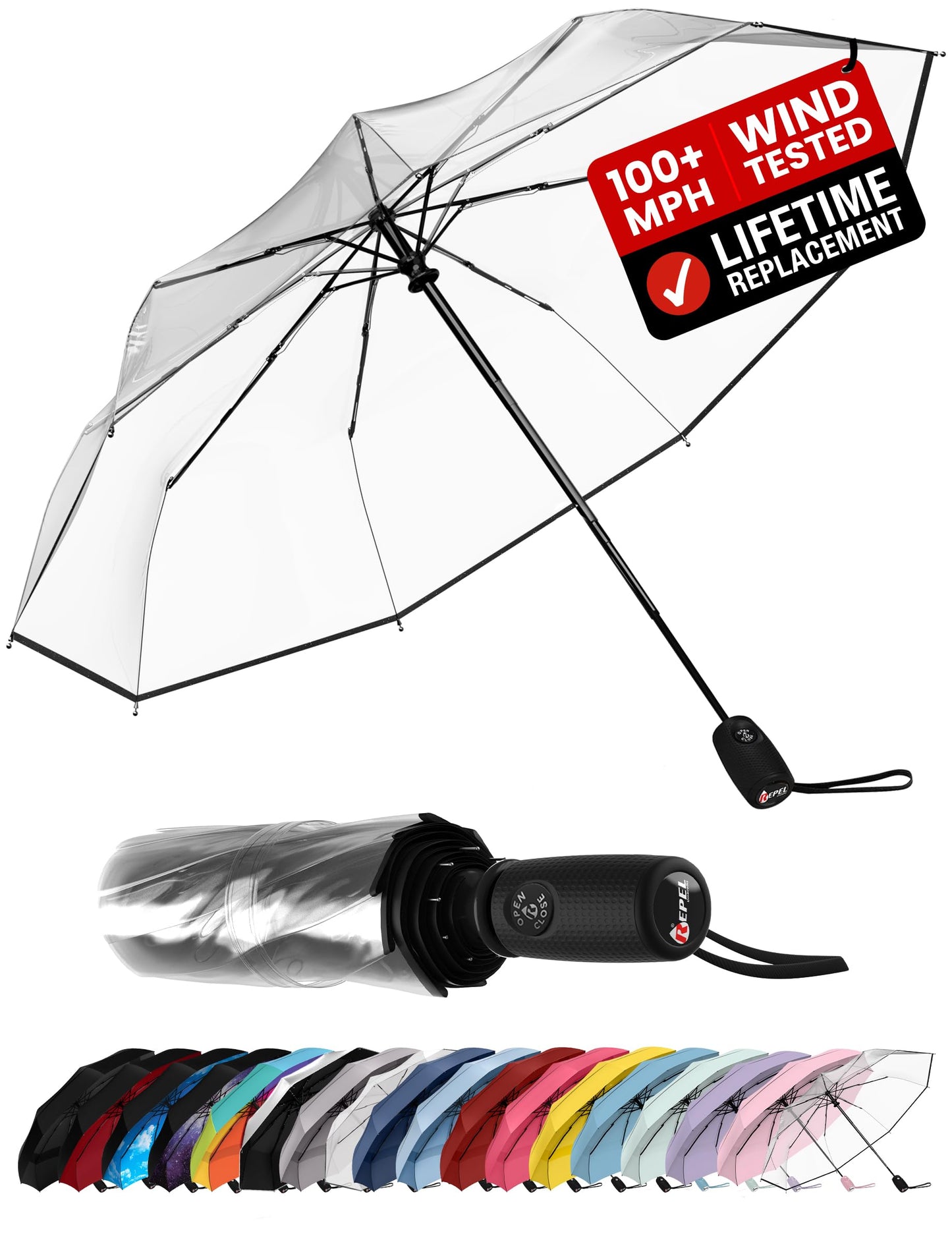 Repel Windproof Travel Umbrella - Compact & Withstands Winds up to 100MPH, Strongest Premium Auto Folding Umbrella for Rain and Sun - Durable, Light & Portable for Women & Men, Fits Backpack & Cars