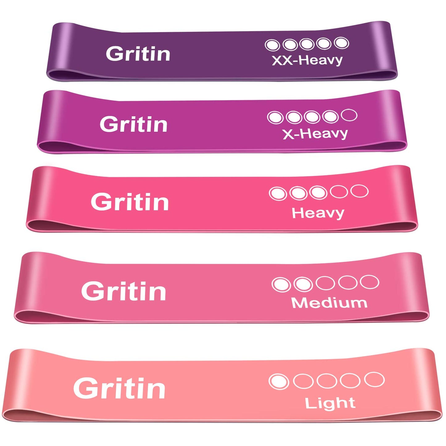 Gritin Resistance Bands, Set of 5 Skin-Friendly Resistance Exercise Band | 5 Different Strength Levels Fitness Bands - Travel Carrying Case Included - Ideal for Home, Gym, Yoga, Training