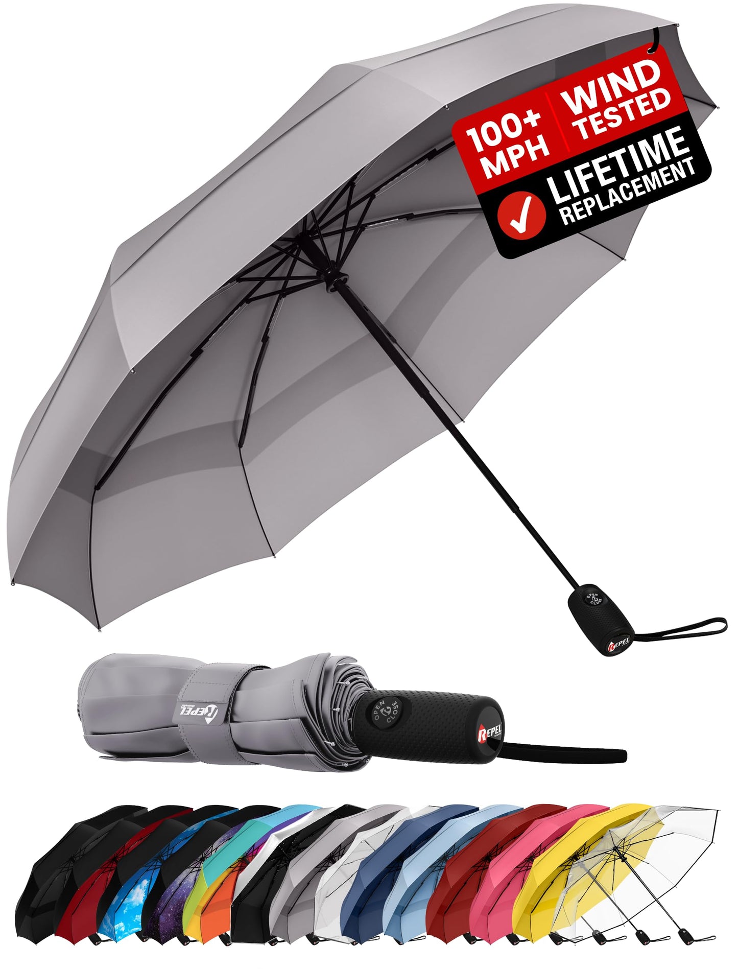 Repel Windproof Travel Umbrella - Compact & Withstands Winds up to 100MPH, Strongest Premium Auto Folding Umbrella for Rain and Sun - Durable, Light & Portable for Women & Men, Fits Backpack & Cars