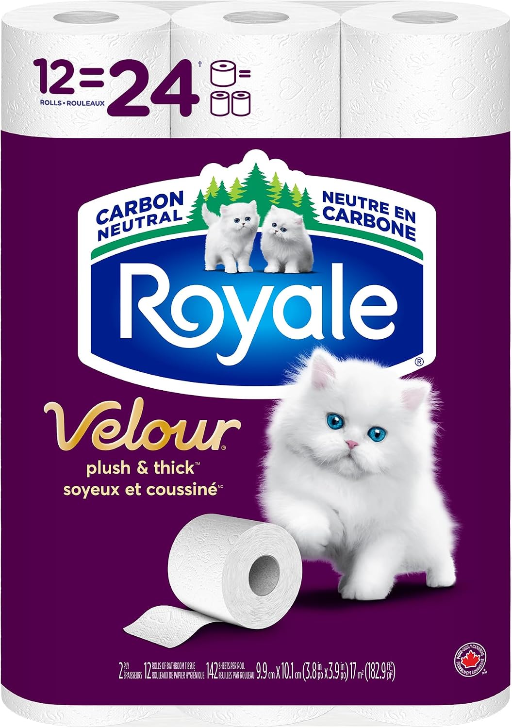 Royale Velour Toilet Paper, 12 Equal 24 Rolls, 142 Bathroom Tissues per roll