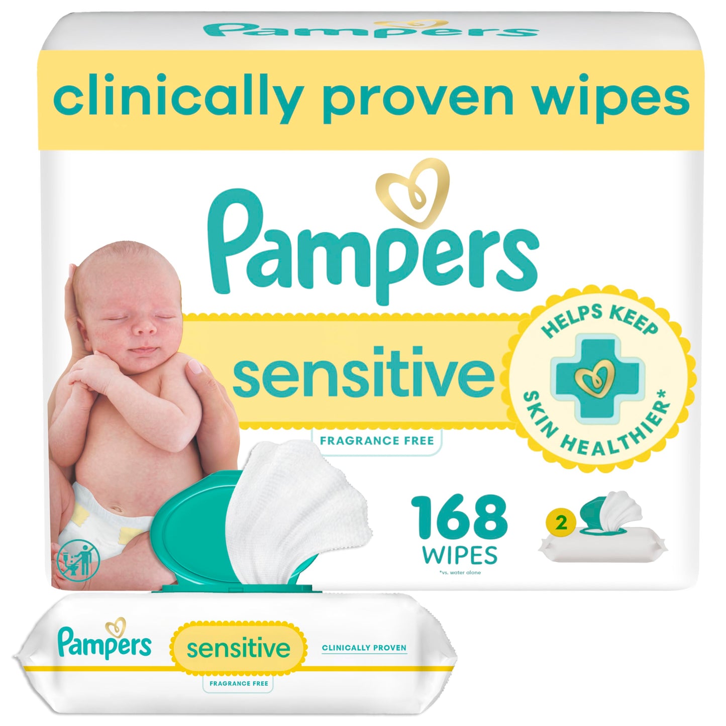 Pampers Sensitive Baby Wipes, Clinically Proven, Fragrance Free, Unscented, Water Based, Hypoallergenic, Multi-Use, Hand Wipes 1008 Wipes Total (18X Flip-Top Packs) [Packaging May Vary]