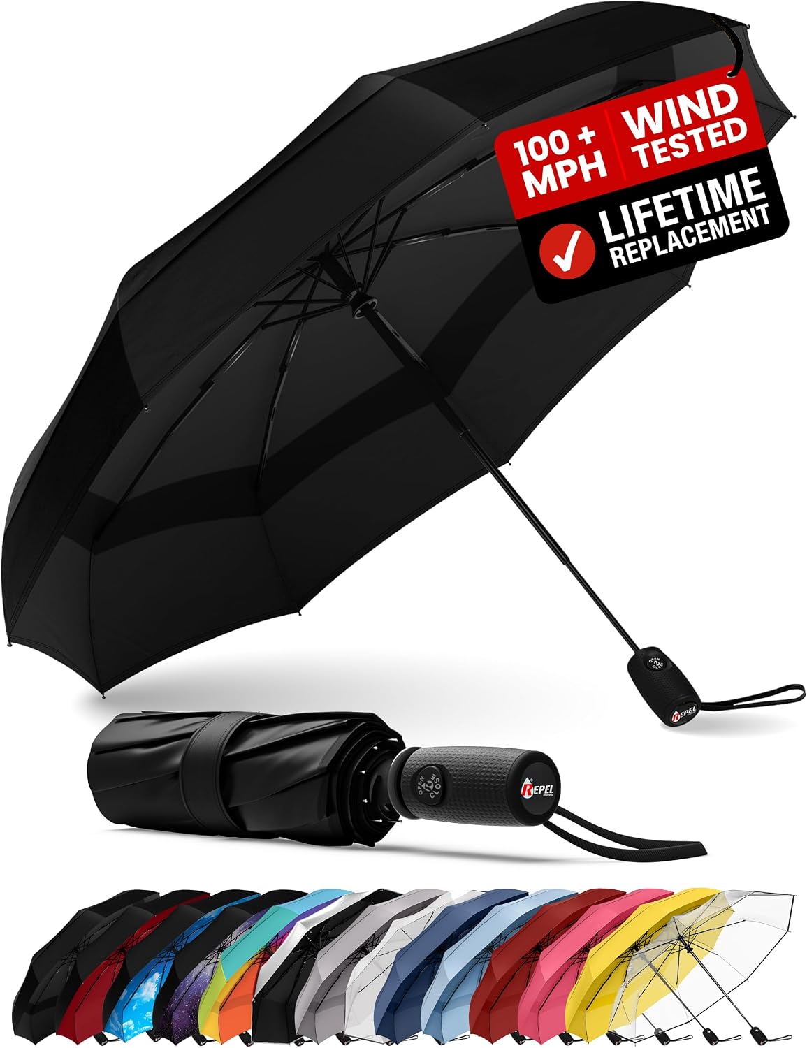 Repel Windproof Travel Umbrella - Compact & Withstands Winds up to 100MPH, Strongest Premium Auto Folding Umbrella for Rain and Sun - Durable, Light & Portable for Women & Men, Fits Backpack & Cars