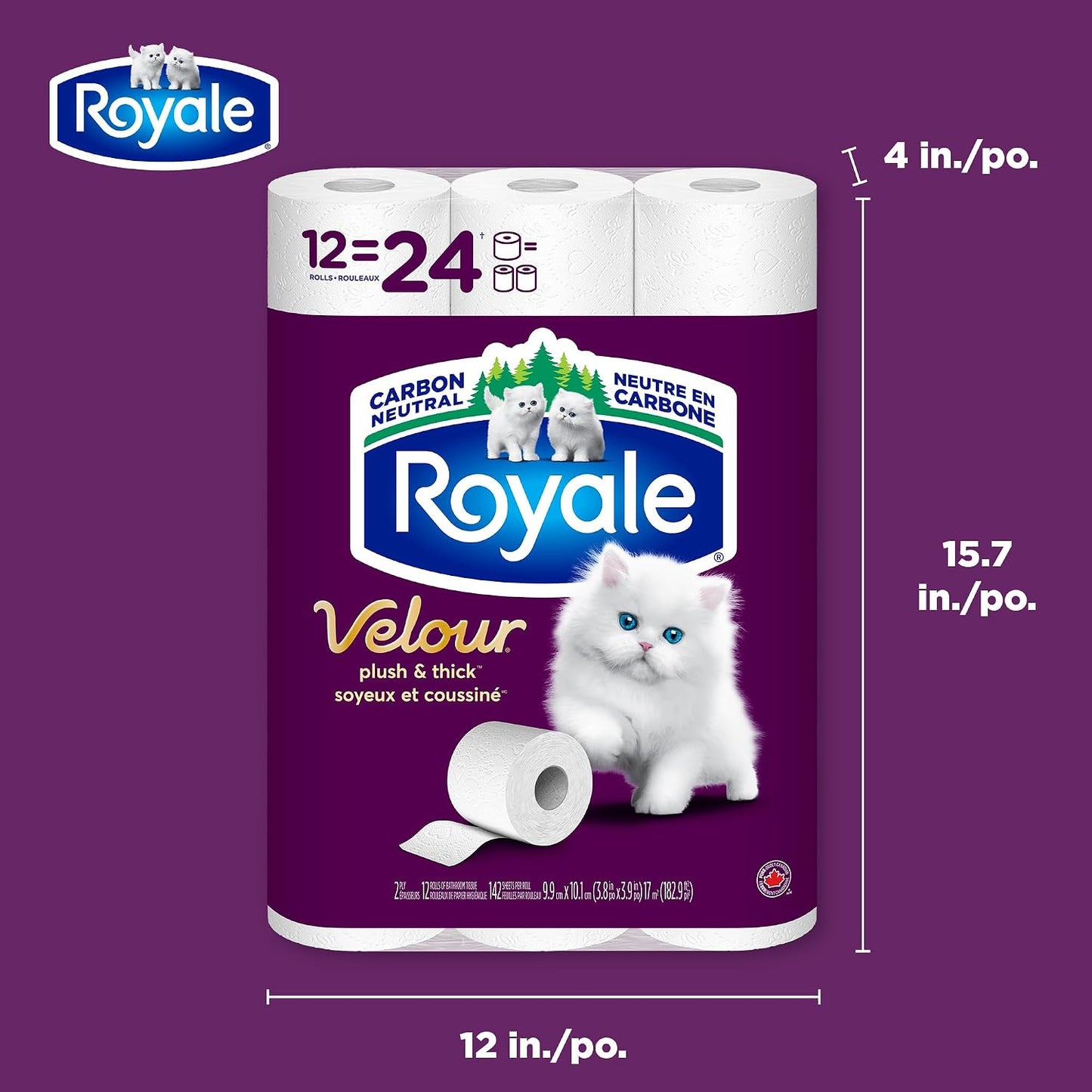 Royale Velour Toilet Paper, 12 Equal 24 Rolls, 142 Bathroom Tissues per roll