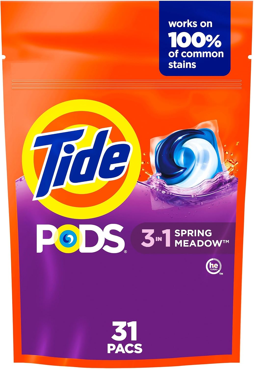 Tide PODS laundry detergent pacs, 3-in-1 Stain Remover, Odor Fighter, Color ProteCountor, 76 Count, HE compatible, Spring Meadow Scent