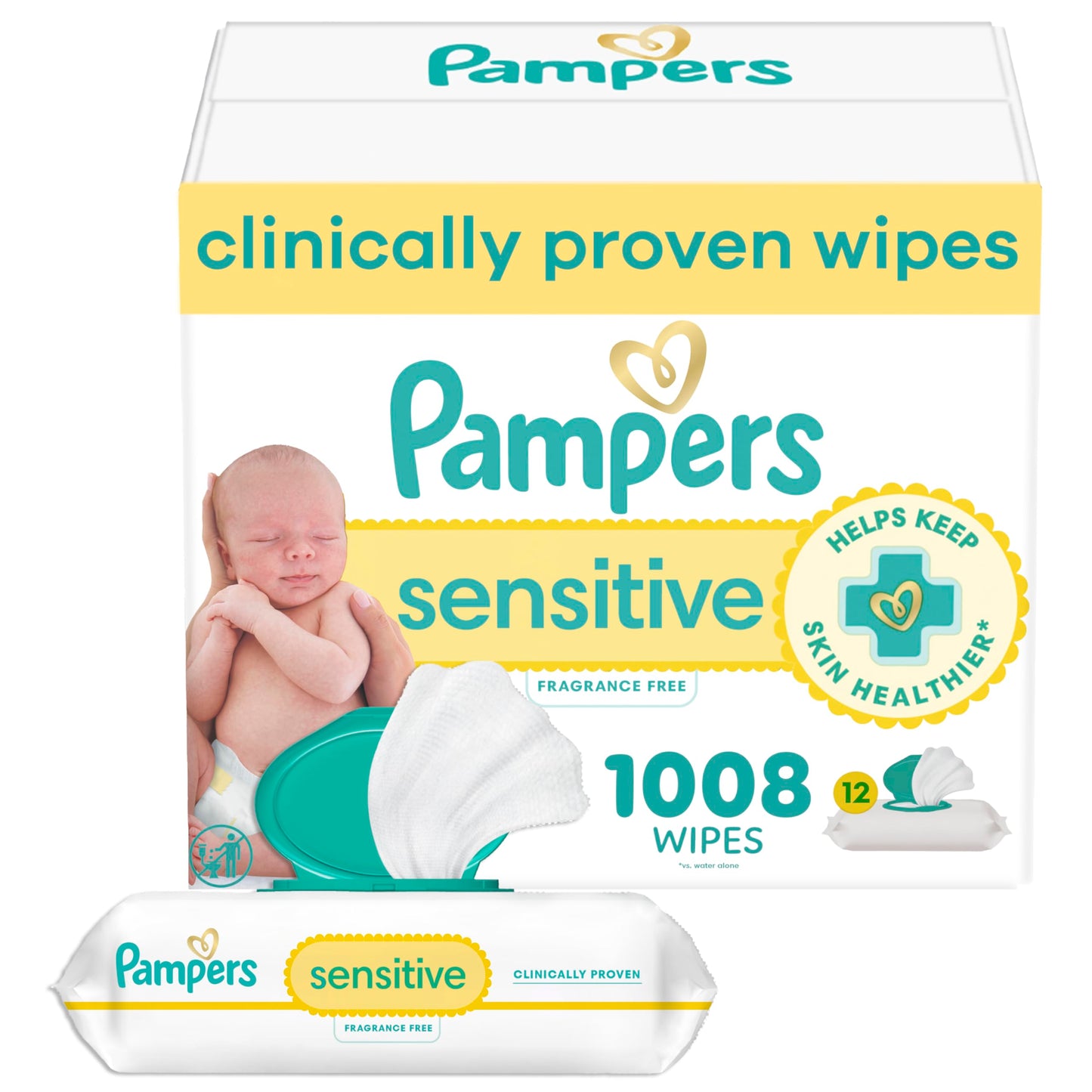 Pampers Sensitive Baby Wipes, Clinically Proven, Fragrance Free, Unscented, Water Based, Hypoallergenic, Multi-Use, Hand Wipes 1008 Wipes Total (18X Flip-Top Packs) [Packaging May Vary]