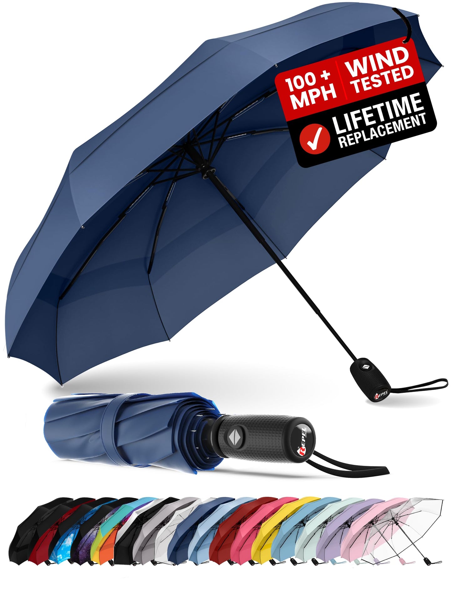 Repel Windproof Travel Umbrella - Compact & Withstands Winds up to 100MPH, Strongest Premium Auto Folding Umbrella for Rain and Sun - Durable, Light & Portable for Women & Men, Fits Backpack & Cars
