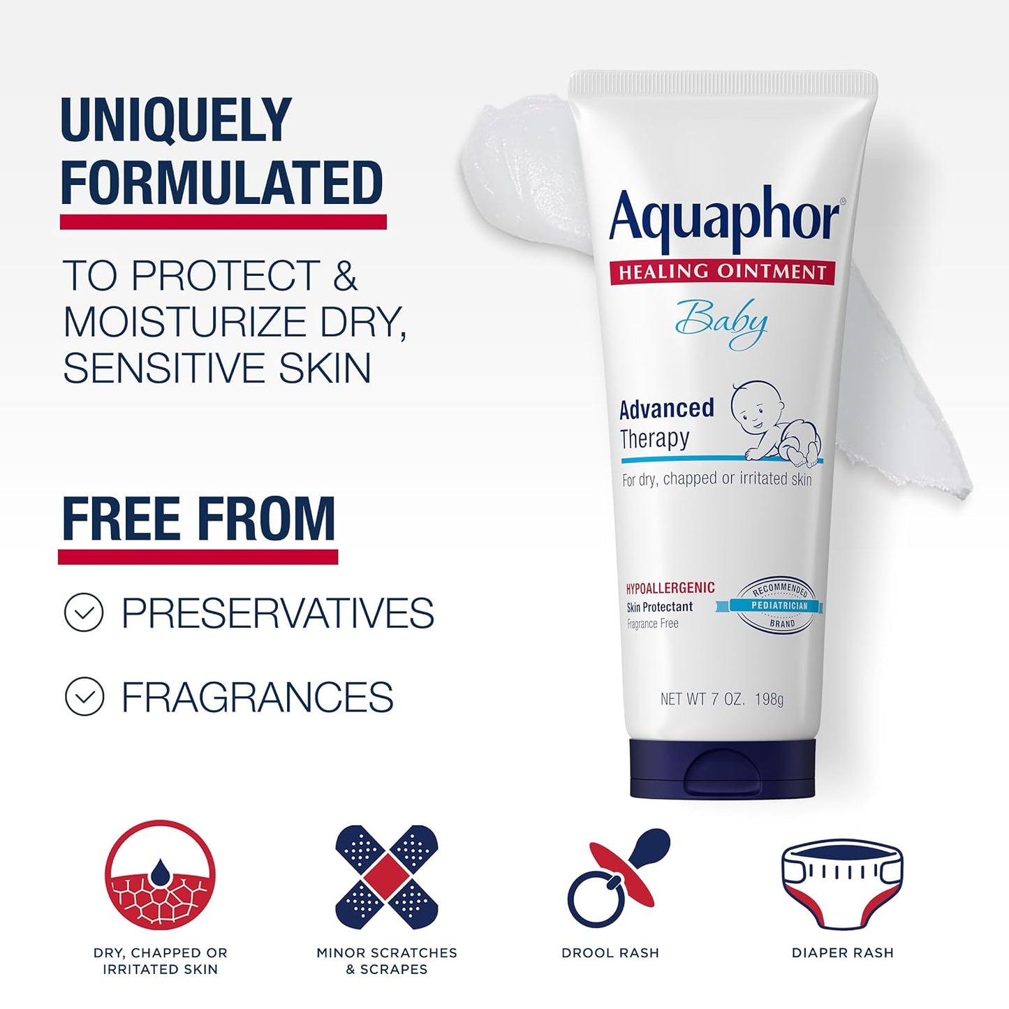 Aquaphor Baby Healing Ointment for Diaper Rash and More, 7 OZ | Baby Skin Protectant with Petrolatum for Chapped or Dry Skin, Drool Rash and Diaper Rash, Hypoallergenic, Fragrance Free