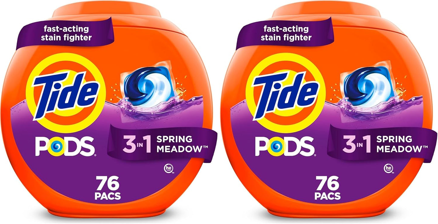 Tide PODS laundry detergent pacs, 3-in-1 Stain Remover, Odor Fighter, Color ProteCountor, 76 Count, HE compatible, Spring Meadow Scent