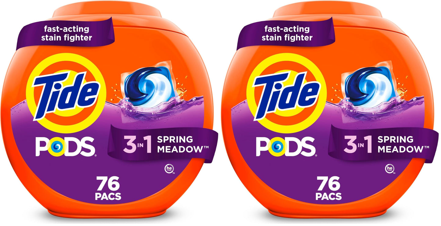 Tide PODS laundry detergent pacs, 3-in-1 Stain Remover, Odor Fighter, Color ProteCountor, 76 Count, HE compatible, Spring Meadow Scent