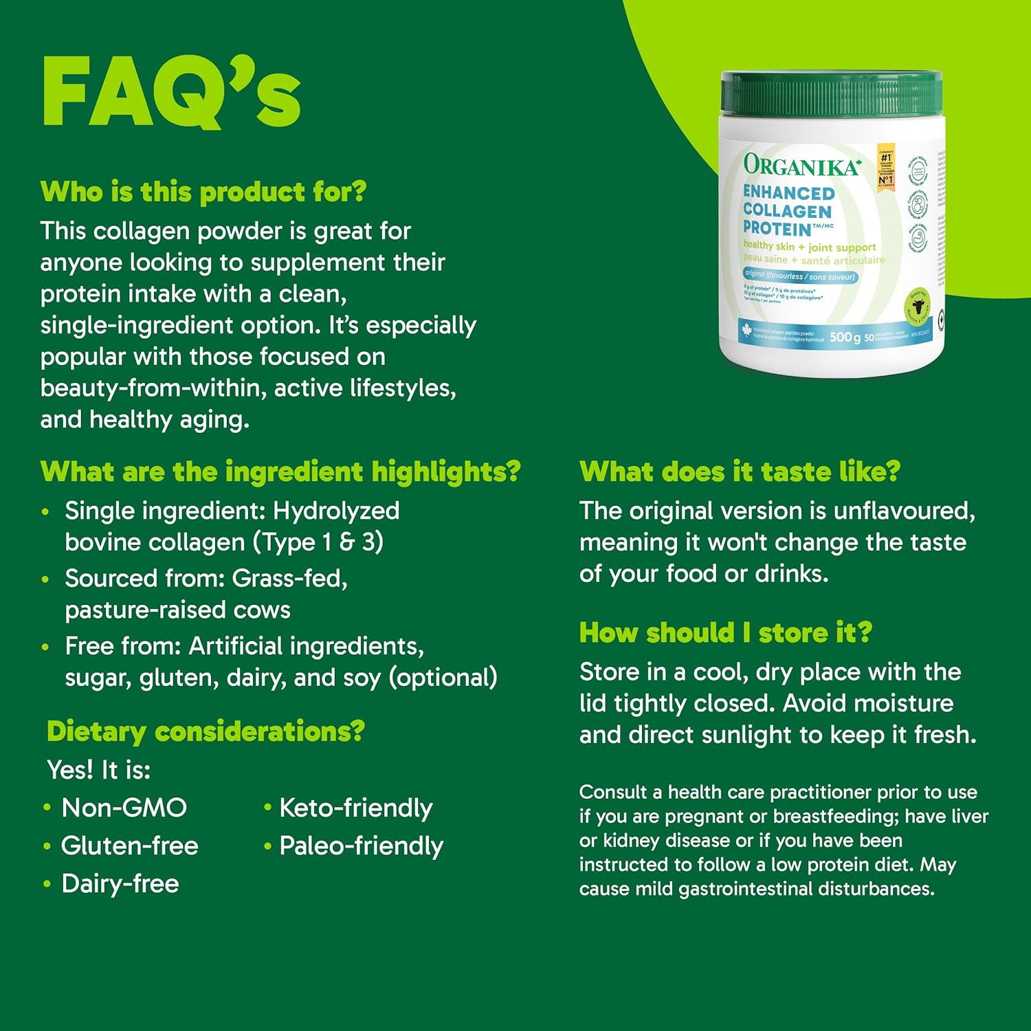 Organika Enhanced Collagen Peptides Powder (Type 1 & 3) | Unflavoured - 500g, 50 servings