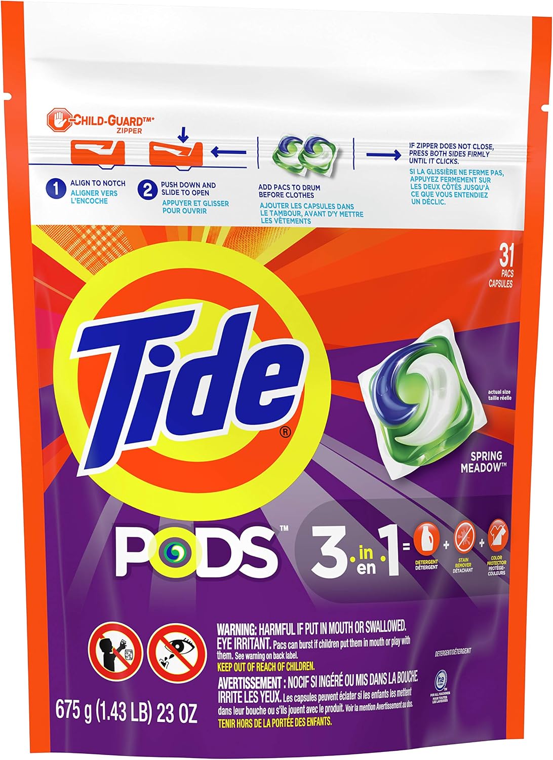 Tide PODS laundry detergent pacs, 3-in-1 Stain Remover, Odor Fighter, Color ProteCountor, 76 Count, HE compatible, Spring Meadow Scent